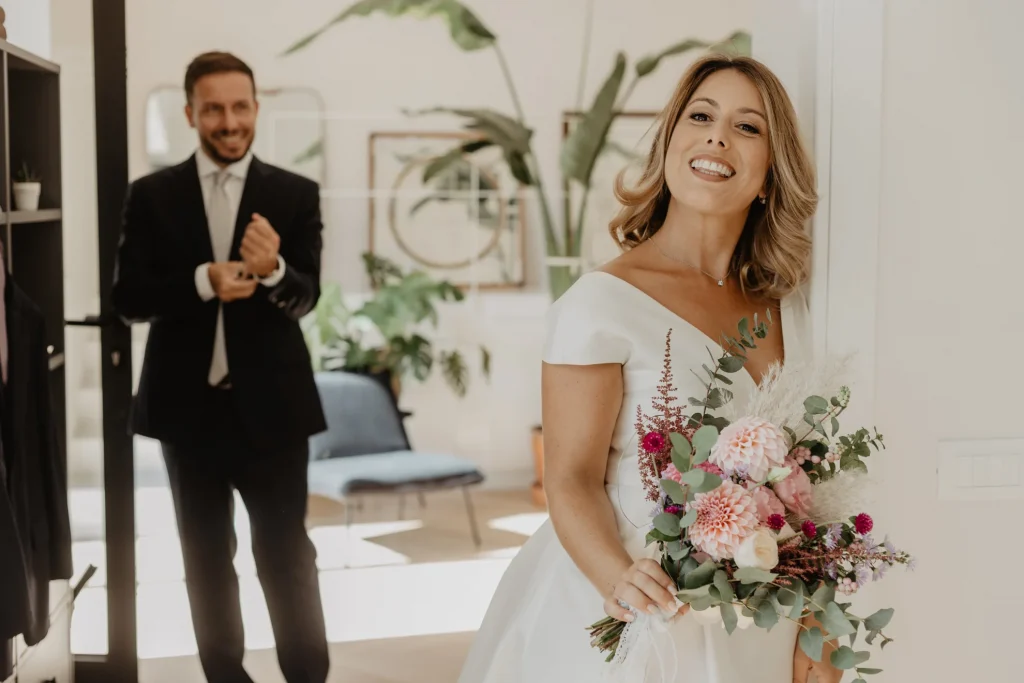 bride is smiling