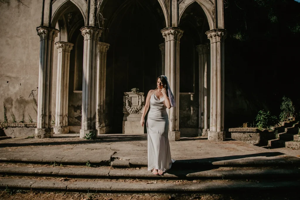bride in Villa Celimontana Rome, gothic temple