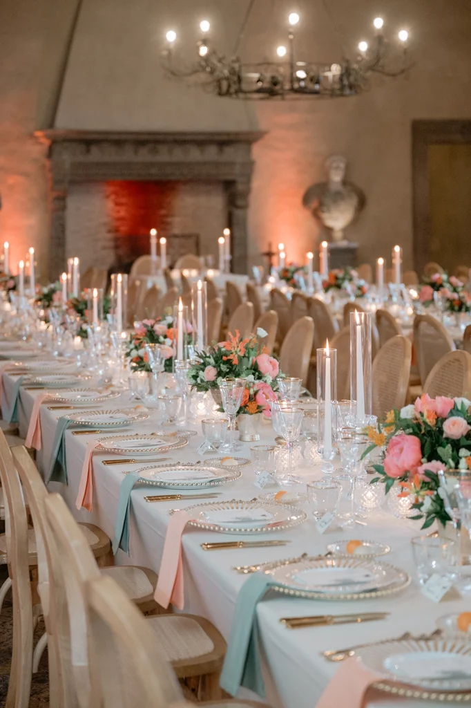 Set up tables and decorations inside Castello Orsini Odescalchi di Bracciano
