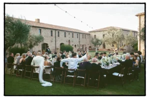 film photo of outdoor wedding reception in a tuscan villa