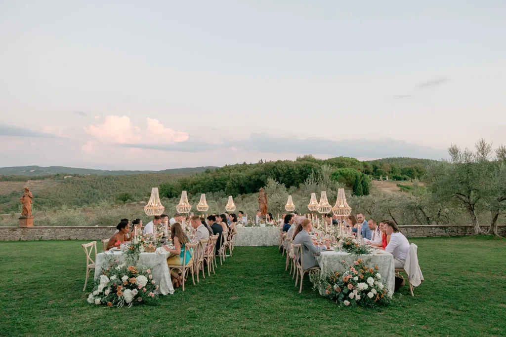 outdoors wedding reception at Le Filigare in Tuscany