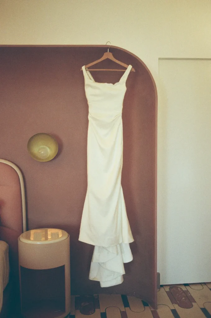 film photo of a wedding dress in a room of palazzo vino Ravello