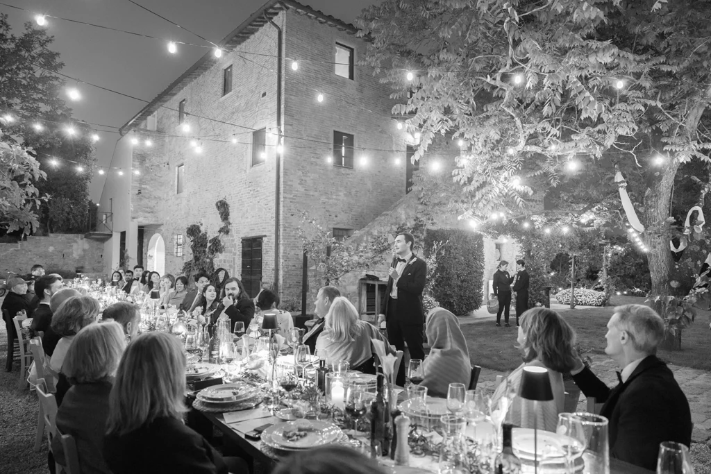 outdoor welcome dinner at Podere San Giorgio, Palaia Tuscany